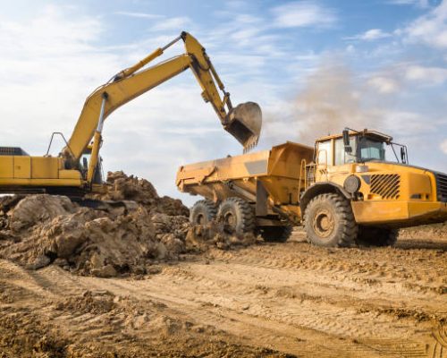 Road construction machinery on the construction of highway S3, Wolin, Poland