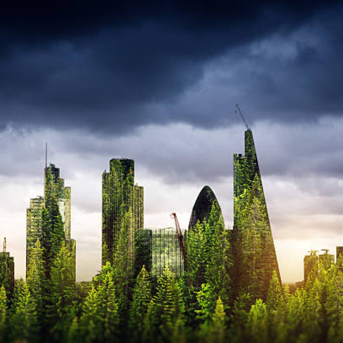 City of London, one of the leading centres of global finance, covered with forest. Green London /  double exposure.