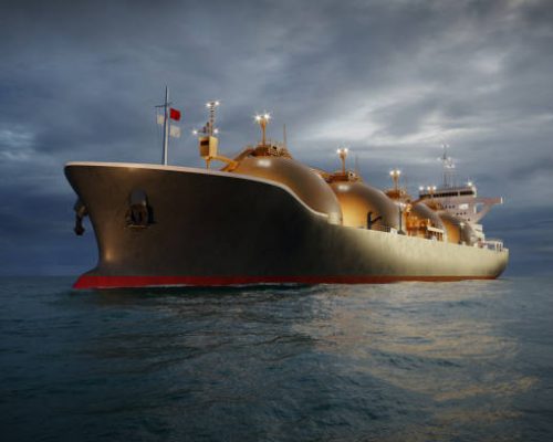 Computer generated image of oil and gas tanker sailing in ocean at night. 3d render of a LNG tanker carrier ship moving in sea.